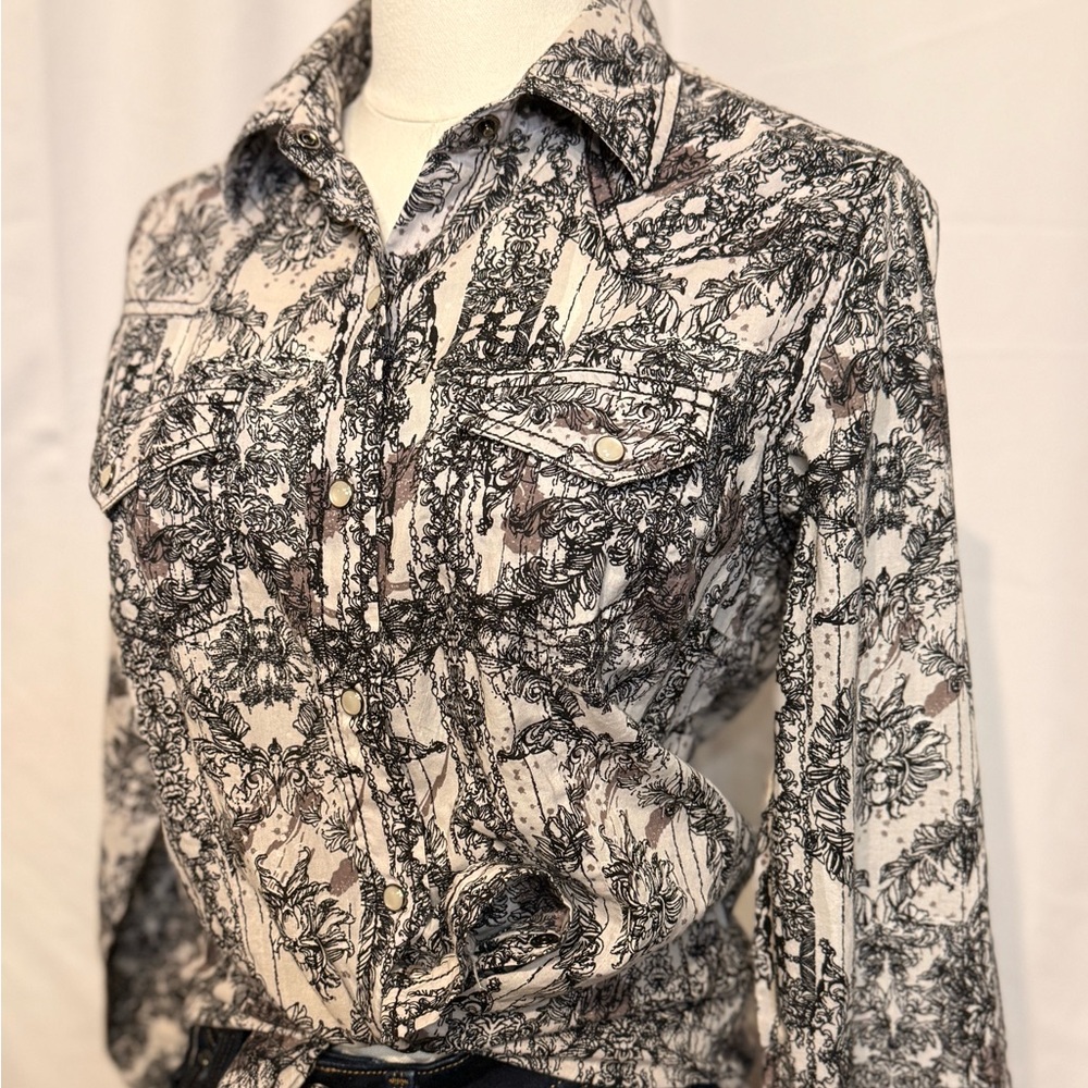 Cruel Black and White Print Pearl Snap Blouse